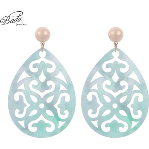 Badu Oval Acrylic Earrings for Women Bohemian Green Carved Acetic Acid Pendant Dangle Drop Earrings Party Jewelry