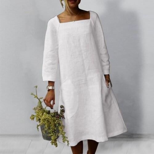Summer casual dress sukienka Women big pocket cotton linen sundress 2021 White/Black/Navy blue loose o-neck dresses for women