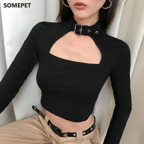 Buckle Halterneck Sexy Womens T Shirt Harajuku Long Sleeve Crop Top Streetwear Basic Tshirt Women Tight Tees Shirts