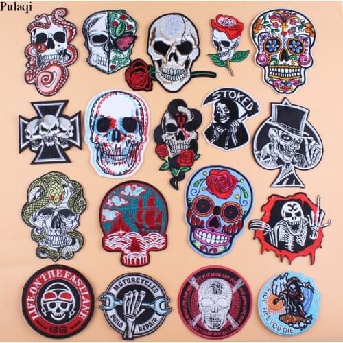 Pulaqi Rock Skull Flower Patch Embroidered Iron On Patches For Clothing Punk Style Stripes Stickers For Clothes Appliques Badges