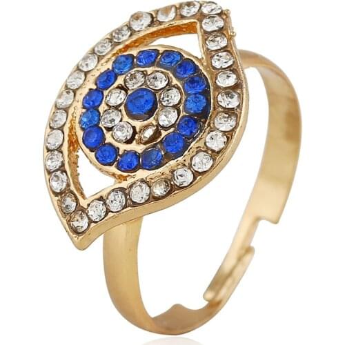 Retro Gold Color Rhinestone Blue Evil Eye Shaped Adjustable Rings for Women Girls Female Fashion Jewelry