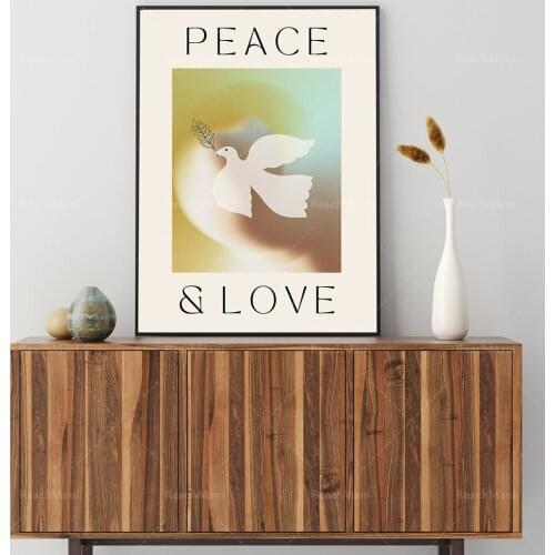 Peace and love retro 70s poster, gradient psychedelic abstract print, dove art print, bohemian artwork decoration poster