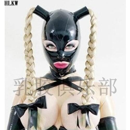Adults Game Sexy Latex Hood rubber Mask with hairpieces wigs Two bunch pony tails straw Plaits with back zipper hair toys