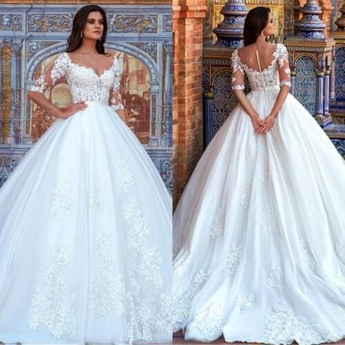 2021 Luxury Ball Gown Wedding Dress Half Sleeves V-neck Tulle With Flowers Lace Wedding Dresses vestido de noiva princesa