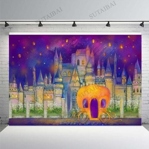Fairytale Castle Backdrop Wallpaper Baby Shower Party Pumpkin Carriage Watercolor Decor Photography Background Photo Studio