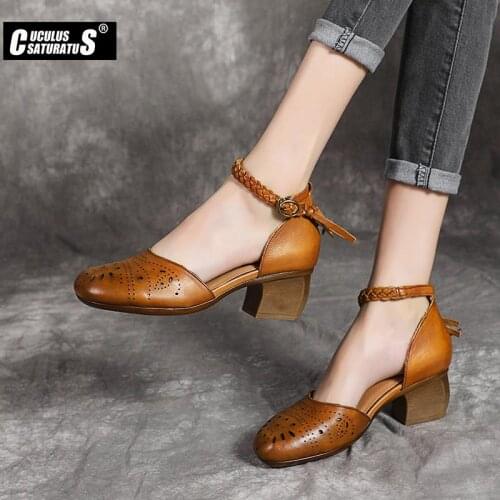Women Heel High Shoes Round Toe Square Heel Shoes 100% Genuine Leather Womens shoes printing Belt buckle high heel sandals