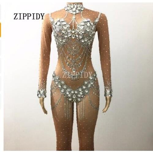 Fashion Sexy Shining Crystals Black Jumpsuit Womens Evening Wear Celebrate Bodysuit Rhinestones Costume Female Singer Outfit