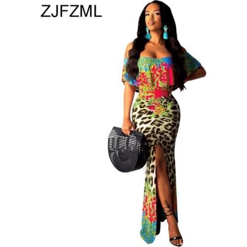 Colorful Leopard Print Sexy Front Split Party Dress Women Off Shoulder Ruffles Skinny Maxi Dress Summer High Waist Bodycon Dress