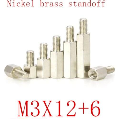 100PCS m3x12+6 Male to Female nickel Brass Standoff Spacer M3 Hexagonal Stud Spacer Pillars
