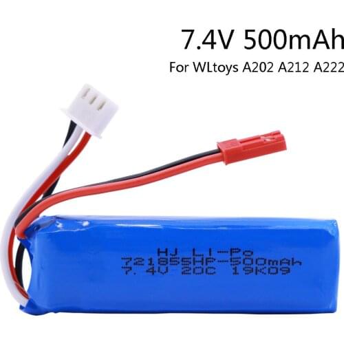 Battery for WLtoys A202 A212 A222 A232 A242 A252 4WD RC Car spare parts 7.4V 500mAh 20C Lipo Battery 721855HP JST Plug