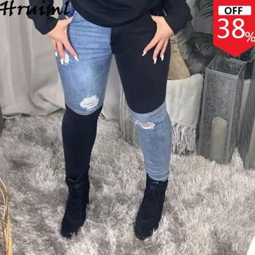 Trousers Women New Fashion Color Matching Contrast Elastic Women Clothes Slimming Hole Skinny Button Womens Denim Pants