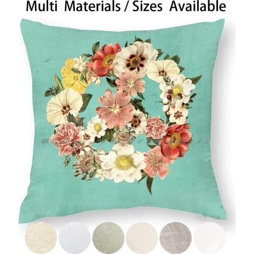 Botanica Peace Sign Pillow Case Throw Pillow Cover Cotton Linen Flax Peace Bohemian Boho Floral Flowers Peace Sign Modern