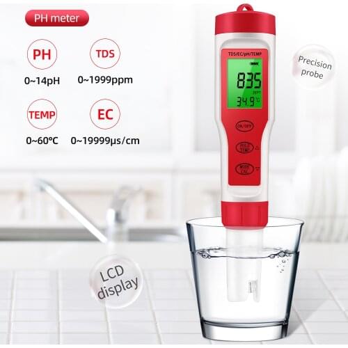 Digital PH Meter TDS/EC/PH/Temperature Meter 4 in 1/3 in 1 Water Quality Monitor Tester for Pools Drinking Water Aquarium 40%off