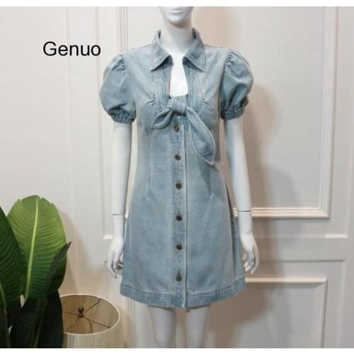 Bow Tie Denim Elegant Puff Short Sleeve Bodycon Jeans Sexy Night Club Party Street Wear Women Summer Casual Dress