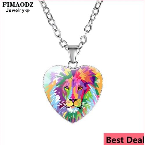 FIMAODZ Punk The Lion Necklace Wild Animal King Picture Glass Gem Heart Necklace Pendant for Men Women Kids Cool Jewelry Gift
