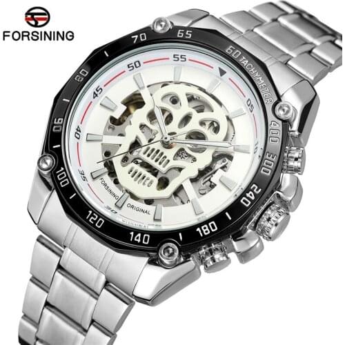 FORSINING Automatic Mechanical Men Wristwatch Military Sport Male Clock Top Brand Luxury Full Steel Skull Skeleton Man Watch 026