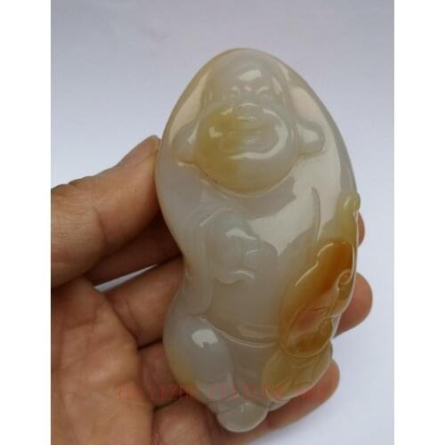 YIZHU CULTUER ART Collection China Natural Agate Hand Carving Maitreya Buddha Statue Pendant Gift