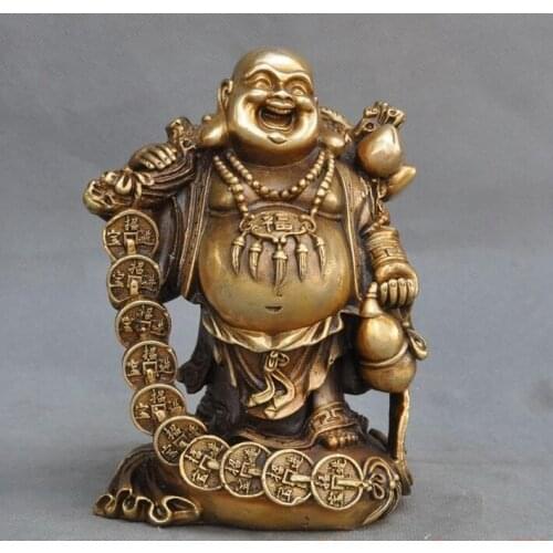 7" chinese brass golden bag money coin gourd happy laugh Maitreya Buddha statue