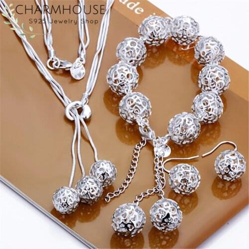 Charmhouse Pure Silver Jewellery Sets For Women Big Ball Necklace Bracelet Earrings 3pcs Wedding Jewelry Accessory Party Gifts