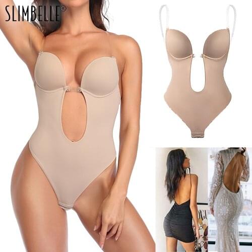 Women Bodysuit Shapewear Deep V-Neck Body Shaper Backless U Plunge Thong Shapers Waist Trainer Clear Strap Padded Push Up Corset