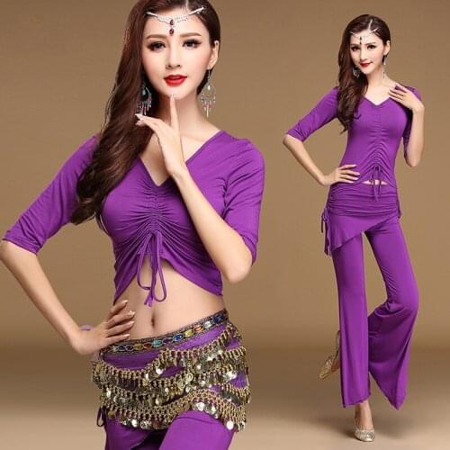 2020 New Arrival Haft-sleeved V-neck Oriental Belly Dance Costumes 3Pcs Top Trouser Hip Scarf Womens Belly Dancing Costume