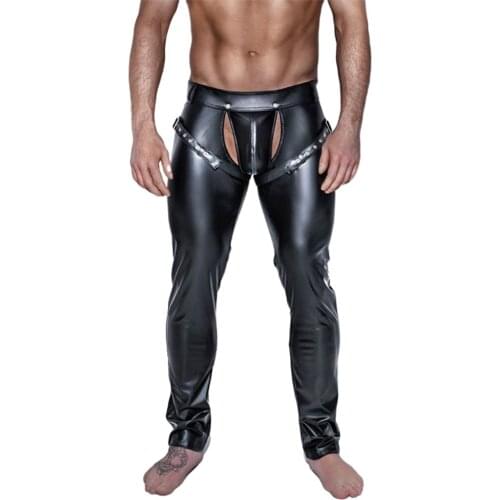 Men Skinny Slim Leggings Sexy Sissy Patent Leather Pants Open Crotch Pole Dance Clubwear Exotic Pants Erotic Gay Fetish Costumes