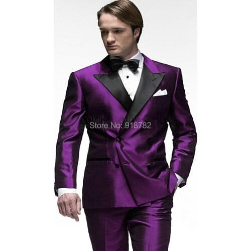Costume Homme Tailored Suit Slim Fit Double Breasted Purple Suits For Men Wedding Groom Tuxedo Prom Party Suit Jacket+Pants+Bow