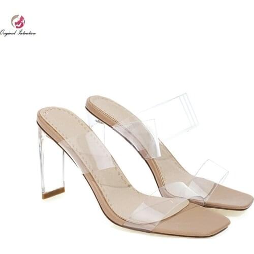 New Women Sandals PVC Jelly Crystal Hoof Heels Transparent Lady Sexy Clear High Heels Summer Slippers Pumps Shoes Big Size 43 44