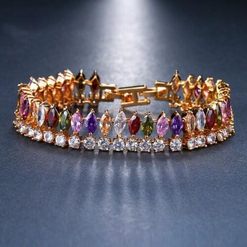 ORZTOON Vintage Square Round Colorful Zircon Bracelets for Women Luxury Gold Color Brass Bracelet Trendy Bridal Wedding Jewelry