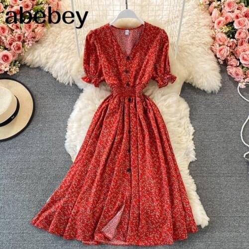 Elegant French Floral Dress Women Short Sleeve V Neck A-line Dresses Summer Sweet Boho Print Vacation Long Sundress