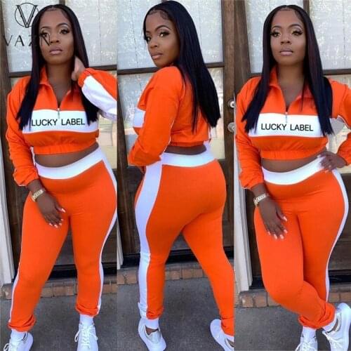 VAZN 2021 Top Quality Lucky label Set Free Regular Young Tracksuits Full Sleeve Top Long Pants Slim Women 2 Piece Set