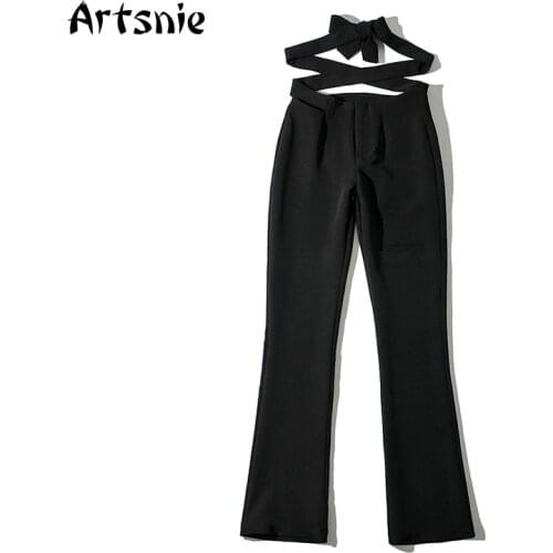 Artsnie Summer 2021 Blazer Pants Women High Waist Lace Up Black Casual Trousers Streetwear Ladies Slim Long Flare Pants Femme