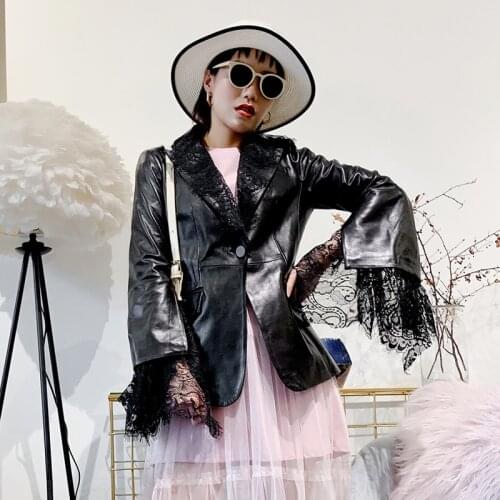 New Women Elegant Lace Spliced Lambskin Real Blazer Jacket Slim Luxury Genuine Leather Coat Office Lady Casual Clothes