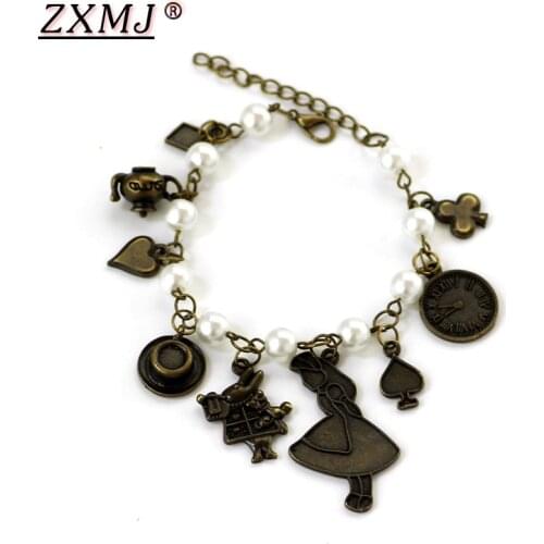 ZXMJ Alice in Wonderland Pearl Bracelets & Bangles Vintage Bronzed Rabbit Jug Love Symbol Bracelet For Women Girl Charm jewelry