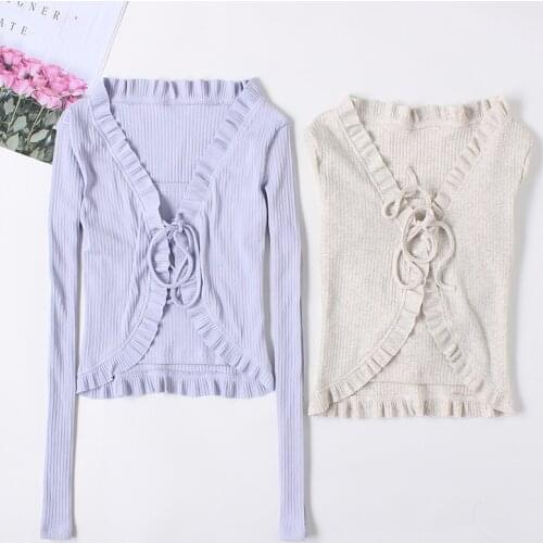 2020 Autumn Sexy Lace Up Short Woman Crop Cardigans Sweet Slim Stringy Selvedge Long Sleeve Girls Tops Fake Two Pieces T-shirt