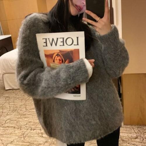 Woman Sweater Mohair Thicken Loose Knit Coat Languid is Lazy Style Pullover Winter Retro Uncut Pile Sweet Medium Style