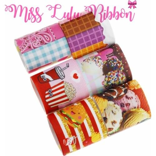 16mm-75mm Foods Series Waffle Popcorn Printed Grosgrain/Foe Ribbon Hamburger Ice Cream Hair Bowknots Making 50yards/roll