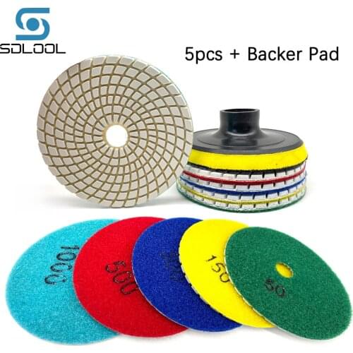 5pcs Set 4inch Diamond Polishing with Plastic Backer Pad Pad Abrasive Tool Flexiable Diamond Sanding Pad for Marble Granite 100m
