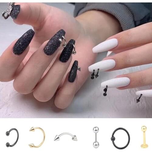 9pcs/lot Nail Piercing Dangle Nail Art Decoration 3D Nails Rhinestones Metal Alloy Designs Punk Dark Punch Piercing Nail Art