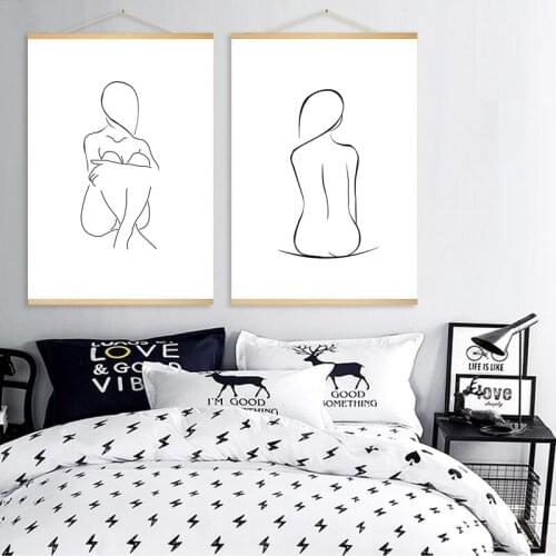 Abstract Women Line Wooden Hanging Poster Prints Modern Canvas Painting Art Wall Picture Bedroom Home Decor Single lady