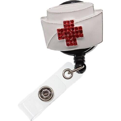 10pcs/lot Red Rhinestone Nurse Hat Badge Holder Medical white enamel Retractable Badge Reel