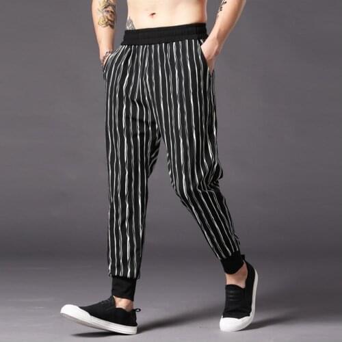 S-4xl Autumn Men New Striped Trousers Pants Trendy Harem Pants Male Loose Feet Pants Tide Hairstylist Singer Large Crotch Pants