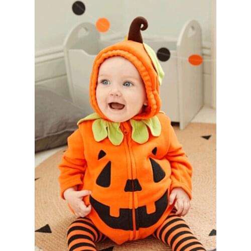 0-24M Newborn Babies Halloween Romper Orange Pumpkin Long Sleeve Hooded Bodysuit Cute Spring Autumn Zip Up Romper