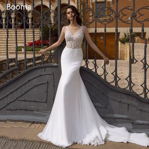 Elegant Ivory Mermaid Wedding Dresses V-Neck Lace Appliques Bodice Chiffon Long Bridal Gowns Illusion Back Trumpet Bride Dresses