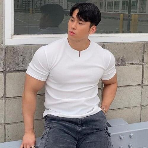 New cotton Men Gym V-neck Short Sleeve T Shirt Fitness Bodybuilding Shirts running Fashion Male Clothing Brand Tee Tops clothing