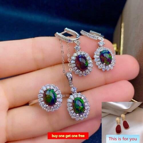 KJJEAXCMY fine Jewelry 925 sterling silver inlaid natural black opal new girl elegant pendant ring earring set support test