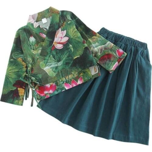 DFXD Chinese Stye Hanfu Tangzhuang Children Girls Clothing Sets Autumn Cotton Long Sleeve print Top+Long Skirt 2pc 2-7Years