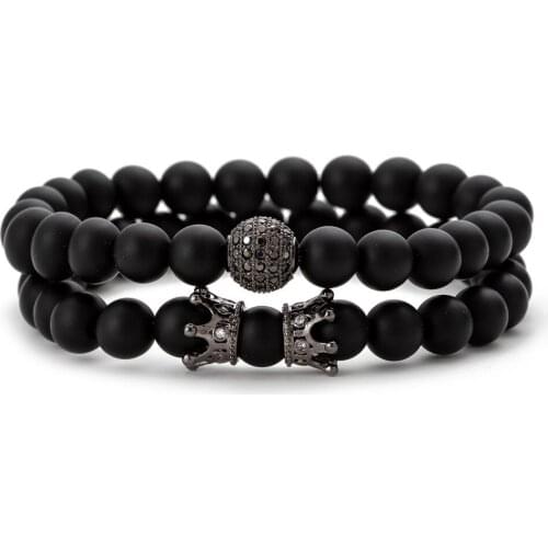 Fashion Set Lava CZ Mens Bracelet Frosted Natural Stone Bead Charm Bracelet Mens and Womens Jewelry Gifts