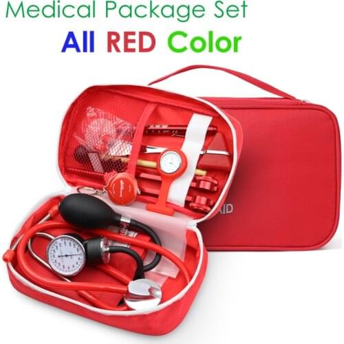 Red Medical Kit Health Monitor Bag Pouch Set with Stethoscope Manometer Tuning Fork LED First Aid Penlight Torch Reflex Hammer