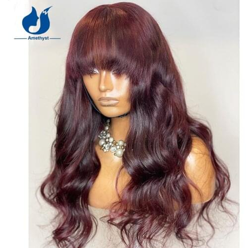 Amethyst 99J Human Hair Wigs For Black Women Brazilian Remy Scalp Top Full Machine Made Wigs With Bang Red Wave Burgundy